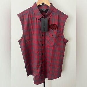 Harley Davidson Bar & Shield Plaid Blowout Sleeveless Shirt Large Red 96889-23VM